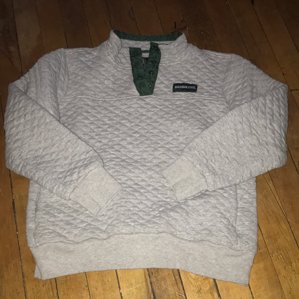 Michigan State Quilted Pullover Sweatshirt - Cream with Green Trim